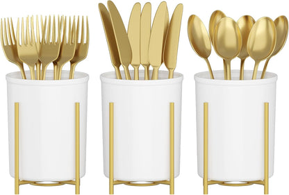 Plastic Silverware Holder for Kitchen Countertop, Cutlery Flatware Caddy with Metal Bracket, Utensil Spoon Fork knives Organizer for Party Picnic, Gold, 3 Pack
