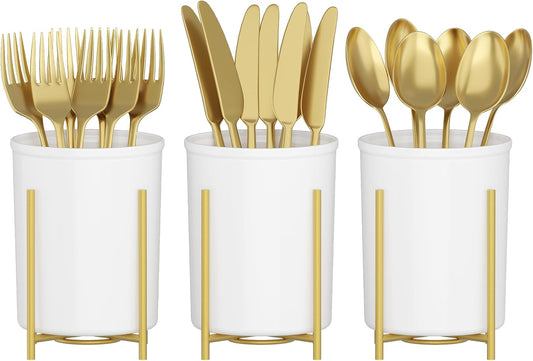 Plastic Silverware Holder for Kitchen Countertop, Cutlery Flatware Caddy with Metal Bracket, Utensil Spoon Fork knives Organizer for Party Picnic, Gold, 3 Pack