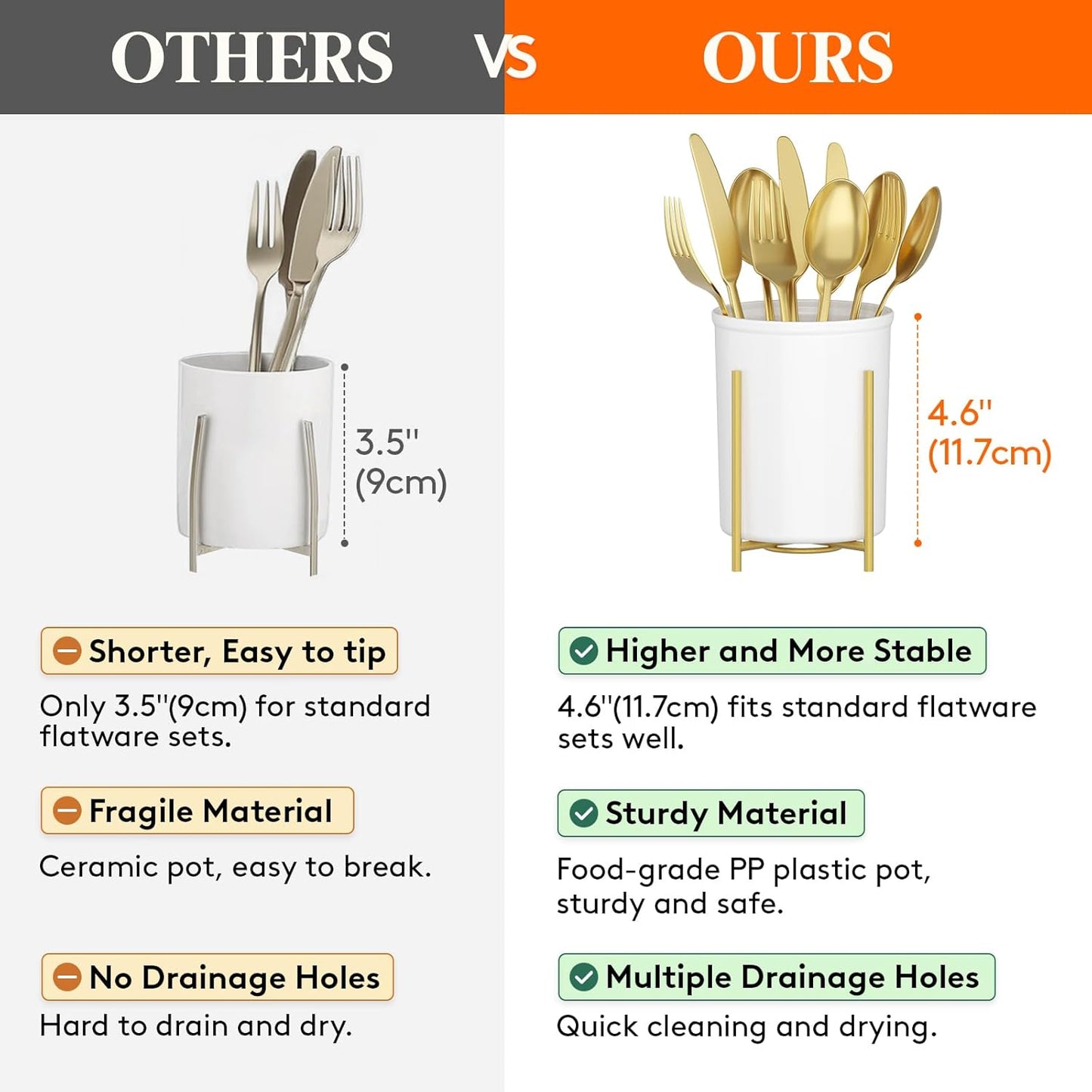 Plastic Silverware Holder for Kitchen Countertop, Cutlery Flatware Caddy with Metal Bracket, Utensil Spoon Fork knives Organizer for Party Picnic, Gold, 3 Pack
