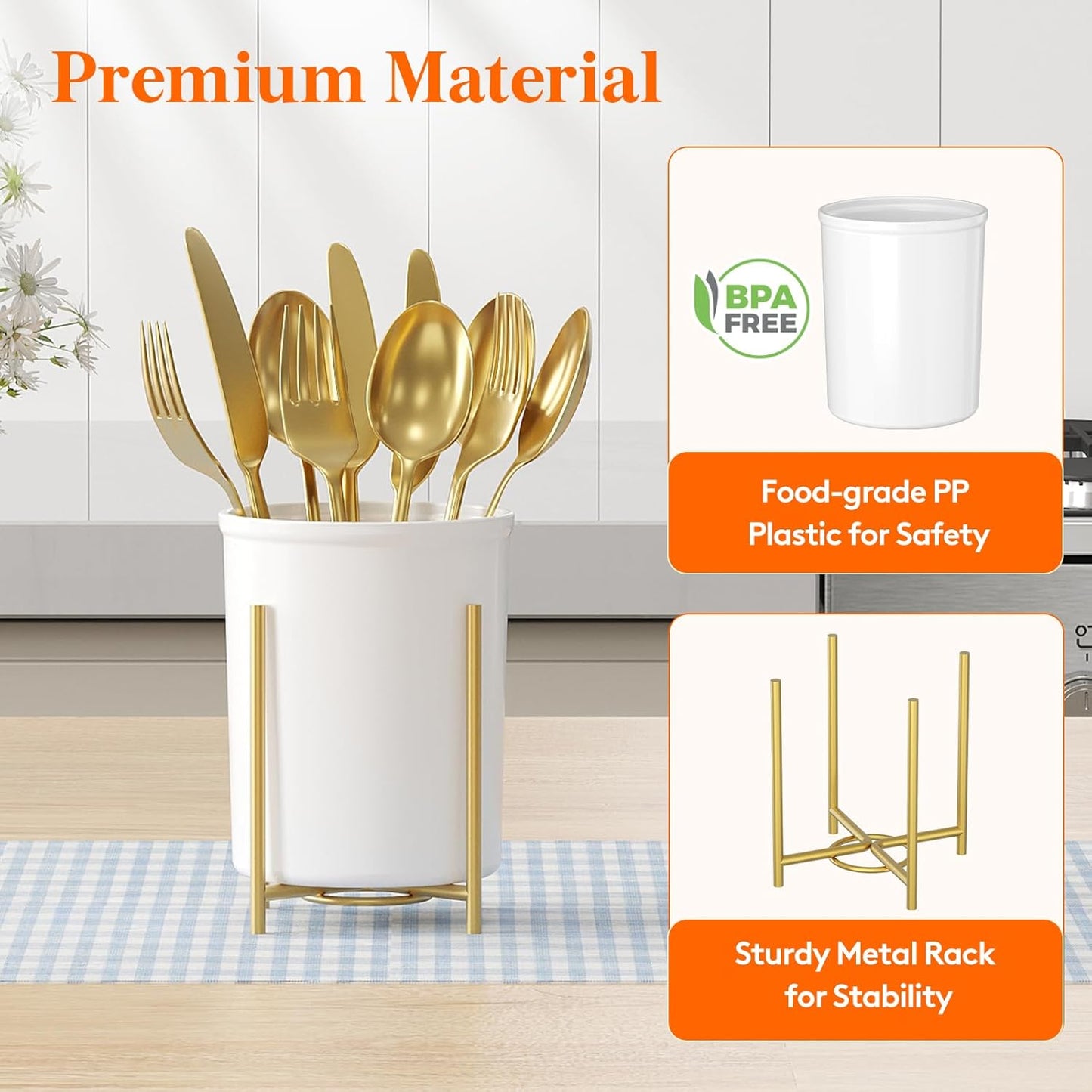 Plastic Silverware Holder for Kitchen Countertop, Cutlery Flatware Caddy with Metal Bracket, Utensil Spoon Fork knives Organizer for Party Picnic, Gold, 3 Pack