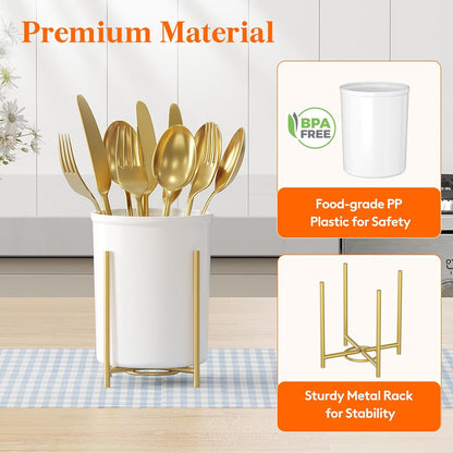 Plastic Silverware Holder for Kitchen Countertop, Cutlery Flatware Caddy with Metal Bracket, Utensil Spoon Fork knives Organizer for Party Picnic, Gold, 3 Pack