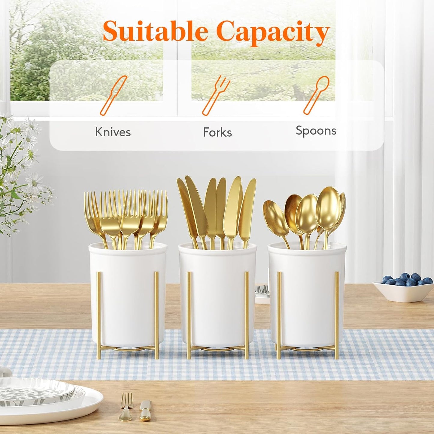 Plastic Silverware Holder for Kitchen Countertop, Cutlery Flatware Caddy with Metal Bracket, Utensil Spoon Fork knives Organizer for Party Picnic, Gold, 3 Pack