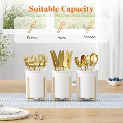 Plastic Silverware Holder for Kitchen Countertop, Cutlery Flatware Caddy with Metal Bracket, Utensil Spoon Fork knives Organizer for Party Picnic, Gold, 3 Pack