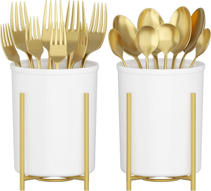 Plastic Silverware Holder for Kitchen Countertop, Cutlery Flatware Caddy with Metal Bracket, Utensil Spoon Fork knives Organizer for Party Picnic, Gold, 3 Pack