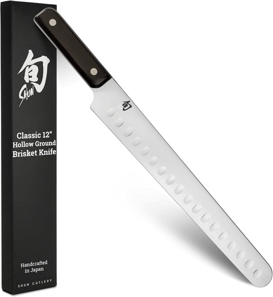 Classic 12" Hollow Ground Brisket Knife, Handcrafted Japanese Meat Carving Knife with Wooden Saya Sheath, VG-MAX Core with Damascus Stainless Steel Cladding, Pakkawood Handle