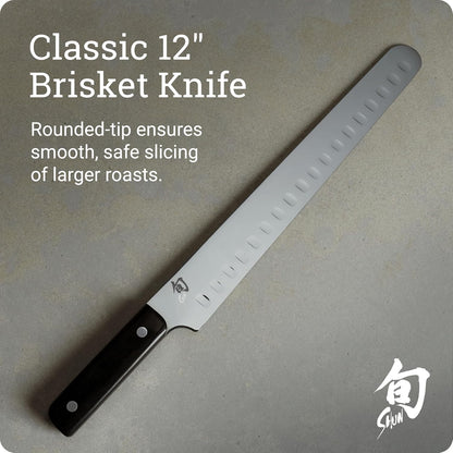 Classic 12" Hollow Ground Brisket Knife, Handcrafted Japanese Meat Carving Knife with Wooden Saya Sheath, VG-MAX Core with Damascus Stainless Steel Cladding, Pakkawood Handle