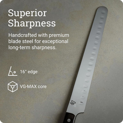 Classic 12" Hollow Ground Brisket Knife, Handcrafted Japanese Meat Carving Knife with Wooden Saya Sheath, VG-MAX Core with Damascus Stainless Steel Cladding, Pakkawood Handle