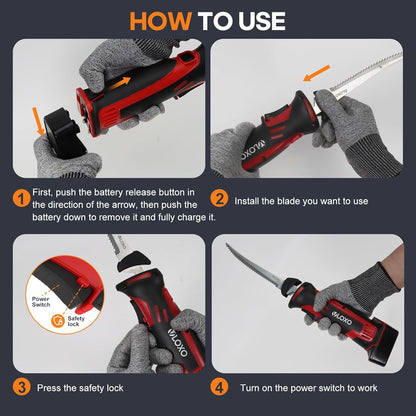 Electric Fillet Knife, Cordless Fillet Knife with 4 Stainless Steel Blades Safety Lock Non-Slip Grip Handle Storage Case Rechargeable Electric Knives for Filleting, Meat, Bread, Turkey