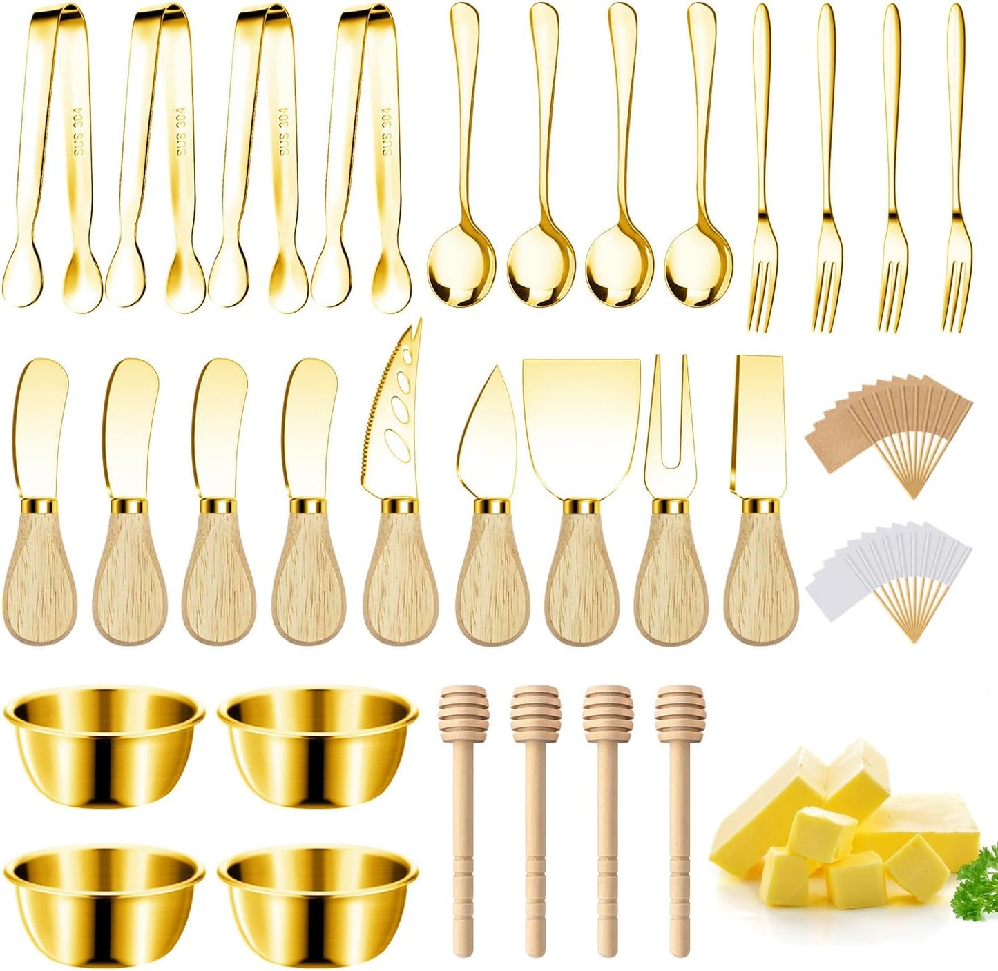 Charcuterie Boards Accessories Gold Charcuterie Utensils Cheese Butter Spreader Knife Set Small Serving Tongs Forks and Spoons Dipping Bowls Honey Dippers Toothpick Flags for Party Platter Making