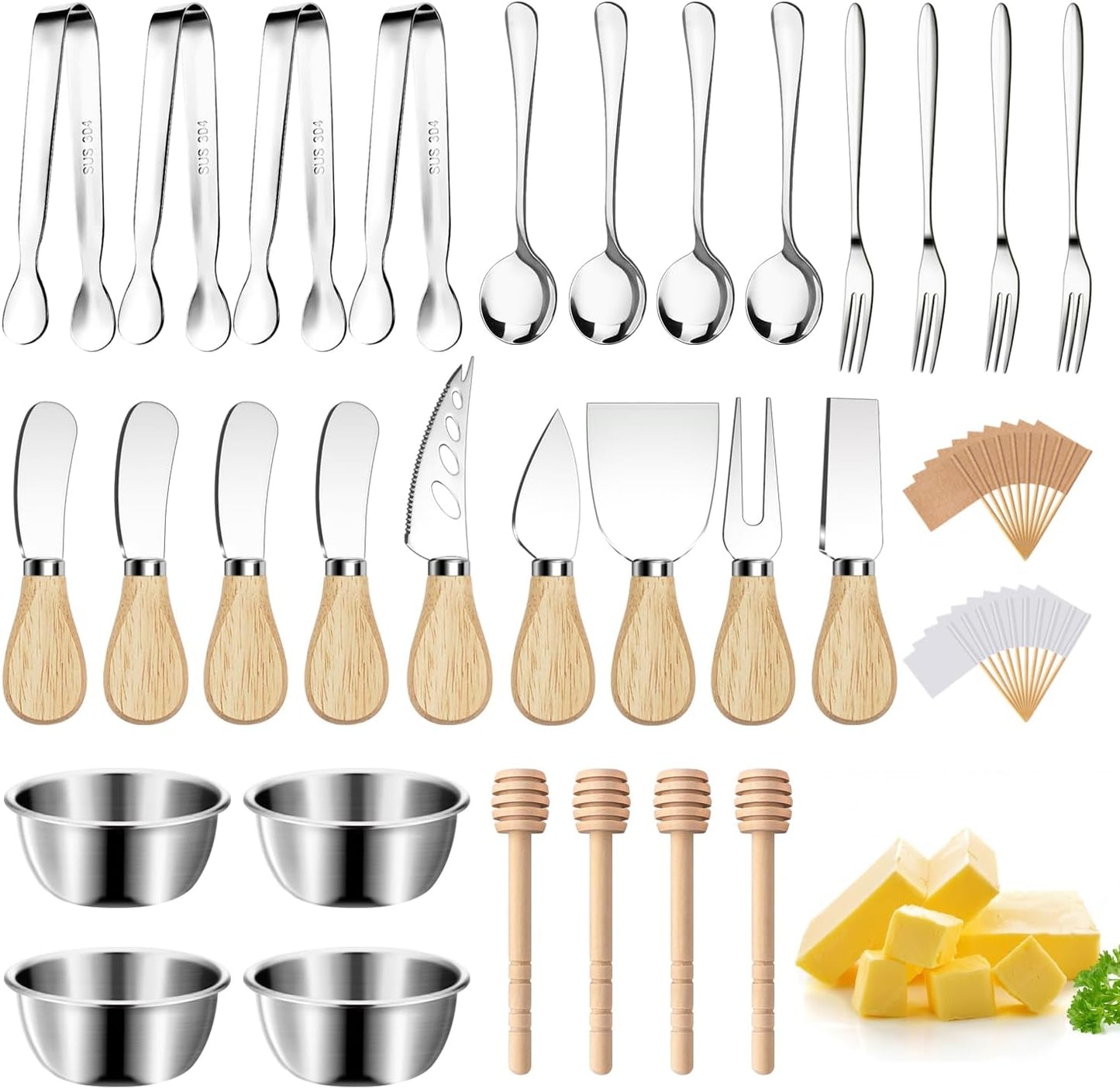 Charcuterie Boards Accessories Gold Charcuterie Utensils Cheese Butter Spreader Knife Set Small Serving Tongs Forks and Spoons Dipping Bowls Honey Dippers Toothpick Flags for Party Platter Making