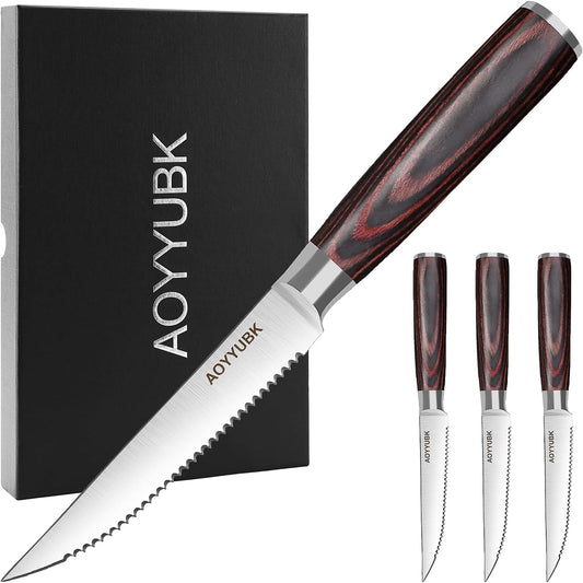 Steak Knives Set of 4, 4.5 Inch Serrated Steak Knife with Pakkawood Handle, High Carbon Stainless Steel Sharp Dinner Knives for Cutting Thick Meat, Steak BBQ, Gift Box