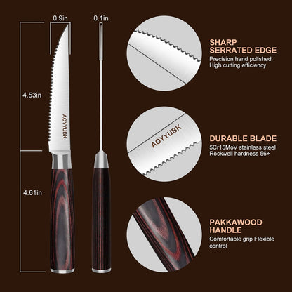Steak Knives Set of 4, 4.5 Inch Serrated Steak Knife with Pakkawood Handle, High Carbon Stainless Steel Sharp Dinner Knives for Cutting Thick Meat, Steak BBQ, Gift Box
