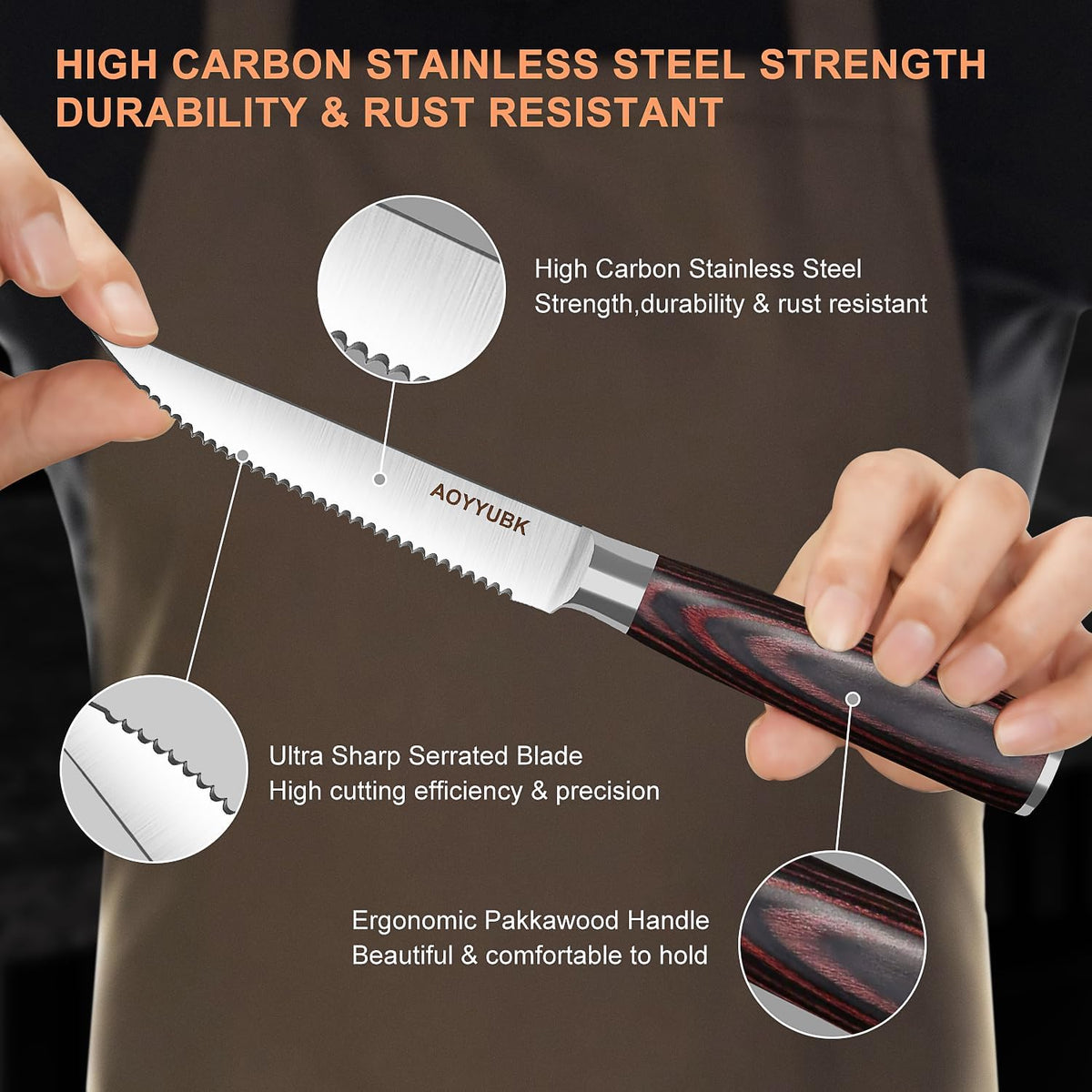 Steak Knives Set of 4, 4.5 Inch Serrated Steak Knife with Pakkawood Handle, High Carbon Stainless Steel Sharp Dinner Knives for Cutting Thick Meat, Steak BBQ, Gift Box