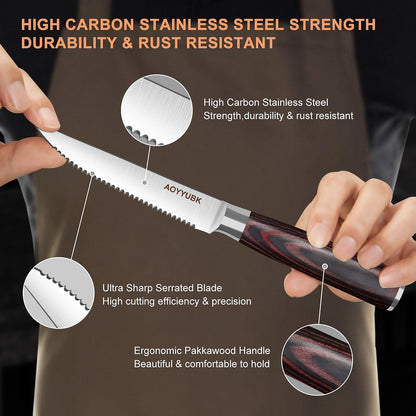 Steak Knives Set of 4, 4.5 Inch Serrated Steak Knife with Pakkawood Handle, High Carbon Stainless Steel Sharp Dinner Knives for Cutting Thick Meat, Steak BBQ, Gift Box
