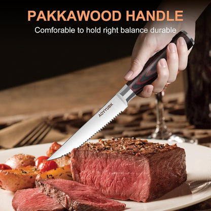Steak Knives Set of 4, 4.5 Inch Serrated Steak Knife with Pakkawood Handle, High Carbon Stainless Steel Sharp Dinner Knives for Cutting Thick Meat, Steak BBQ, Gift Box