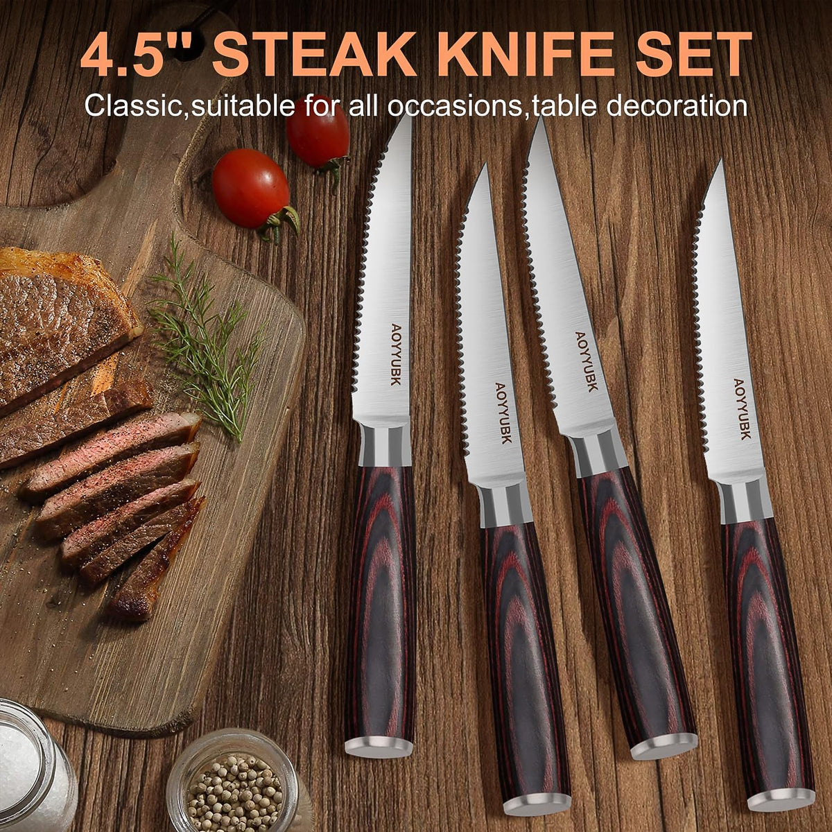 Steak Knives Set of 4, 4.5 Inch Serrated Steak Knife with Pakkawood Handle, High Carbon Stainless Steel Sharp Dinner Knives for Cutting Thick Meat, Steak BBQ, Gift Box