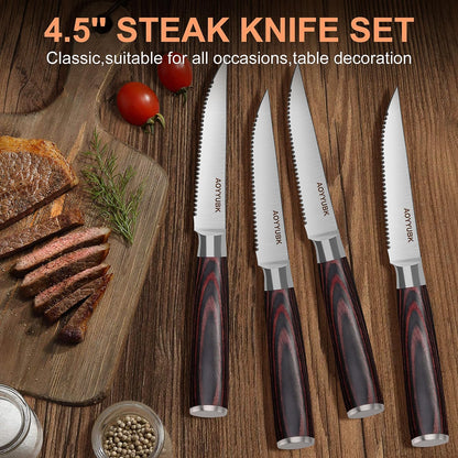 Steak Knives Set of 4, 4.5 Inch Serrated Steak Knife with Pakkawood Handle, High Carbon Stainless Steel Sharp Dinner Knives for Cutting Thick Meat, Steak BBQ, Gift Box
