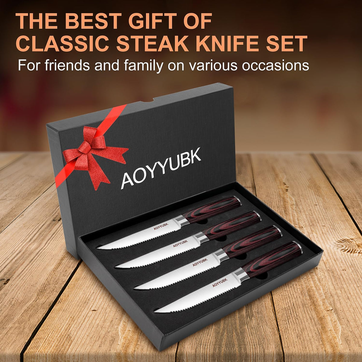 Steak Knives Set of 4, 4.5 Inch Serrated Steak Knife with Pakkawood Handle, High Carbon Stainless Steel Sharp Dinner Knives for Cutting Thick Meat, Steak BBQ, Gift Box