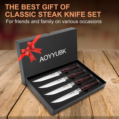 Steak Knives Set of 4, 4.5 Inch Serrated Steak Knife with Pakkawood Handle, High Carbon Stainless Steel Sharp Dinner Knives for Cutting Thick Meat, Steak BBQ, Gift Box