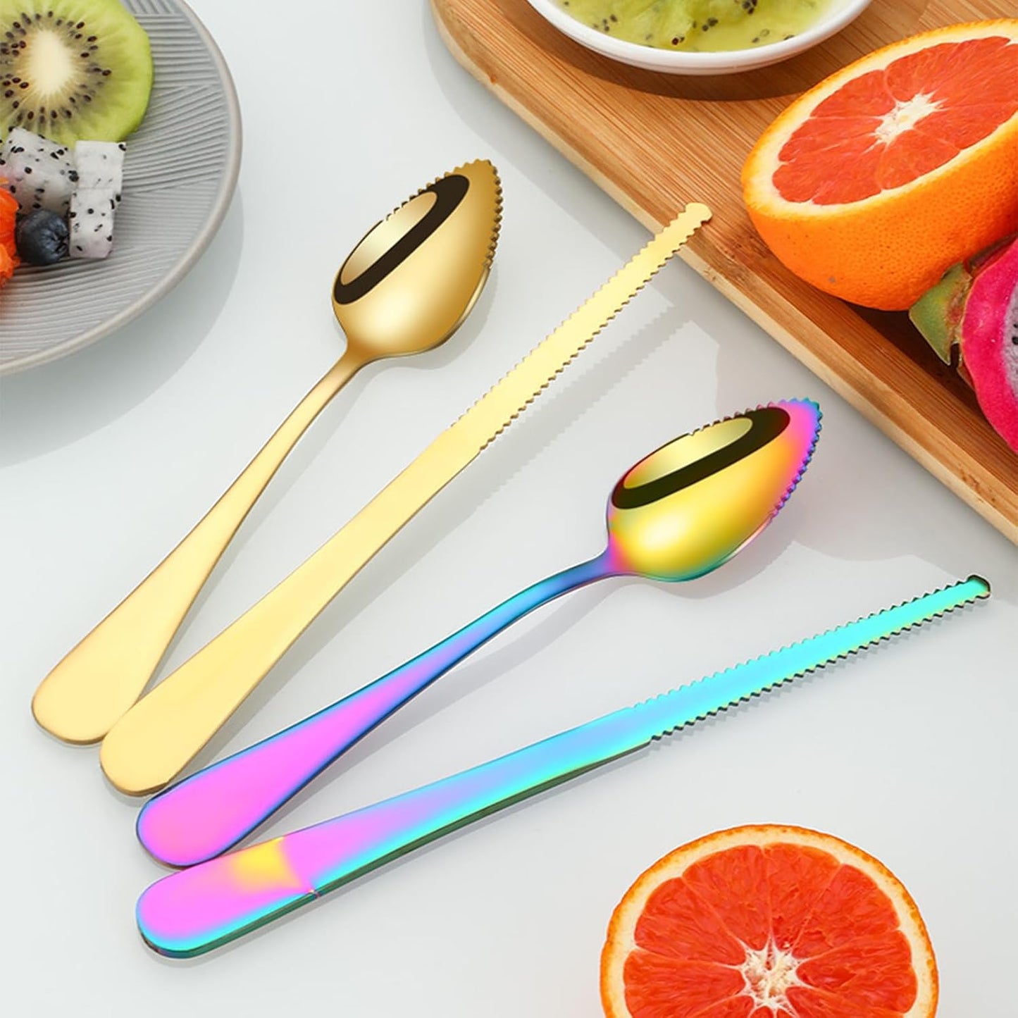 Grapefruit Spoons 2 Pieces Set, 1 Stainless Steel Spoon and 1 Knife with Titanium Plating, Grapefruit Utensils Tool