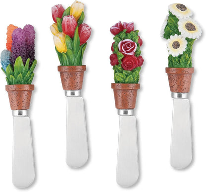 Flower Bouquet Cheese Spreaders, Hand-Painted Resin Handles with Stainless Steel Blades for Spreading Cream Cheese, Butter, and Jam, Assorted Designs, Set of 4