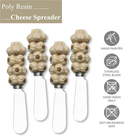 Flower Bouquet Cheese Spreaders, Hand-Painted Resin Handles with Stainless Steel Blades for Spreading Cream Cheese, Butter, and Jam, Assorted Designs, Set of 4