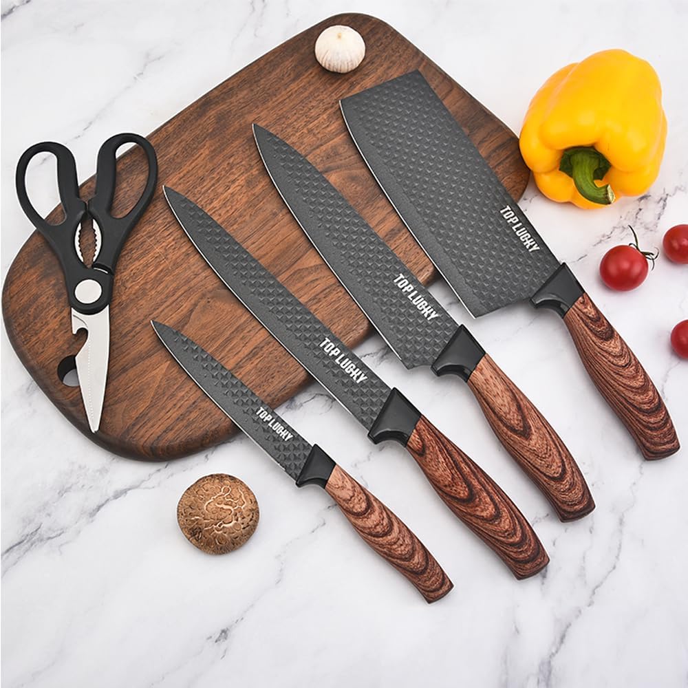 Knife Set, 6-Piece Black Kitchen Knife Set for Home, Anti-Rust Non-stick Stainless Steel Sharp Chef Knife Set with Universal Knife Block for Kitchen, Ergonomical Design (Black)
