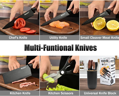 Knife Set, 6-Piece Black Kitchen Knife Set for Home, Anti-Rust Non-stick Stainless Steel Sharp Chef Knife Set with Universal Knife Block for Kitchen, Ergonomical Design (Black)