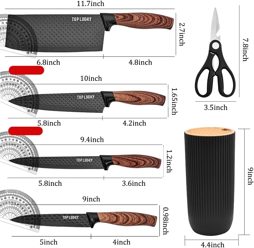 Knife Set, 6-Piece Black Kitchen Knife Set for Home, Anti-Rust Non-stick Stainless Steel Sharp Chef Knife Set with Universal Knife Block for Kitchen, Ergonomical Design (Black)