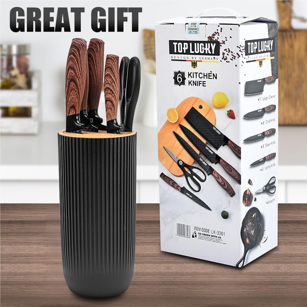 Knife Set, 6-Piece Black Kitchen Knife Set for Home, Anti-Rust Non-stick Stainless Steel Sharp Chef Knife Set with Universal Knife Block for Kitchen, Ergonomical Design (Black)