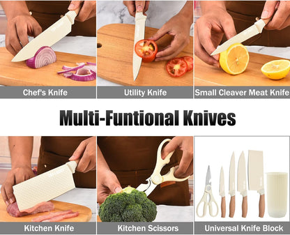 Knife Set, 6-Piece Black Kitchen Knife Set for Home, Anti-Rust Non-stick Stainless Steel Sharp Chef Knife Set with Universal Knife Block for Kitchen, Ergonomical Design (Black)