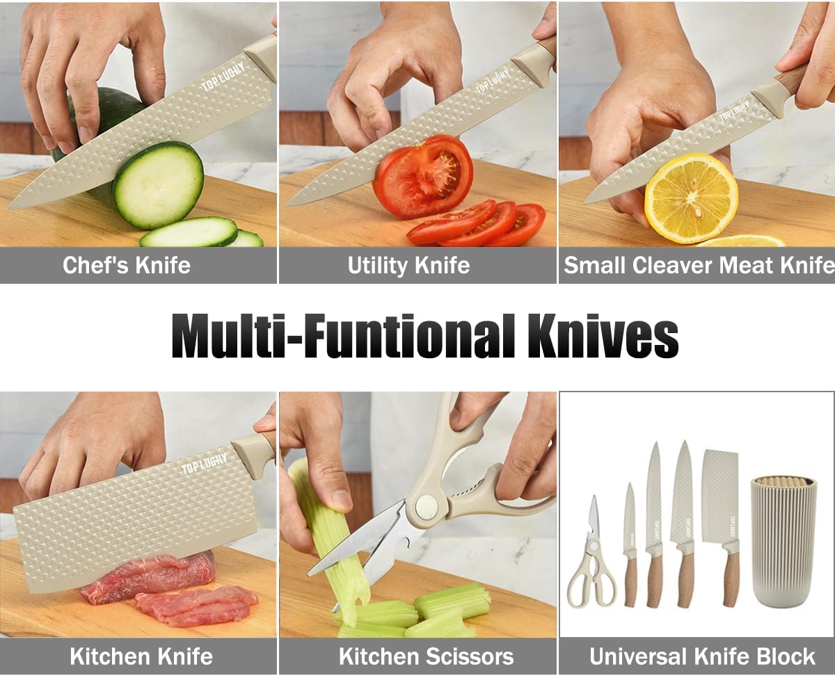 Knife Set, 6-Piece Black Kitchen Knife Set for Home, Anti-Rust Non-stick Stainless Steel Sharp Chef Knife Set with Universal Knife Block for Kitchen, Ergonomical Design (Black)