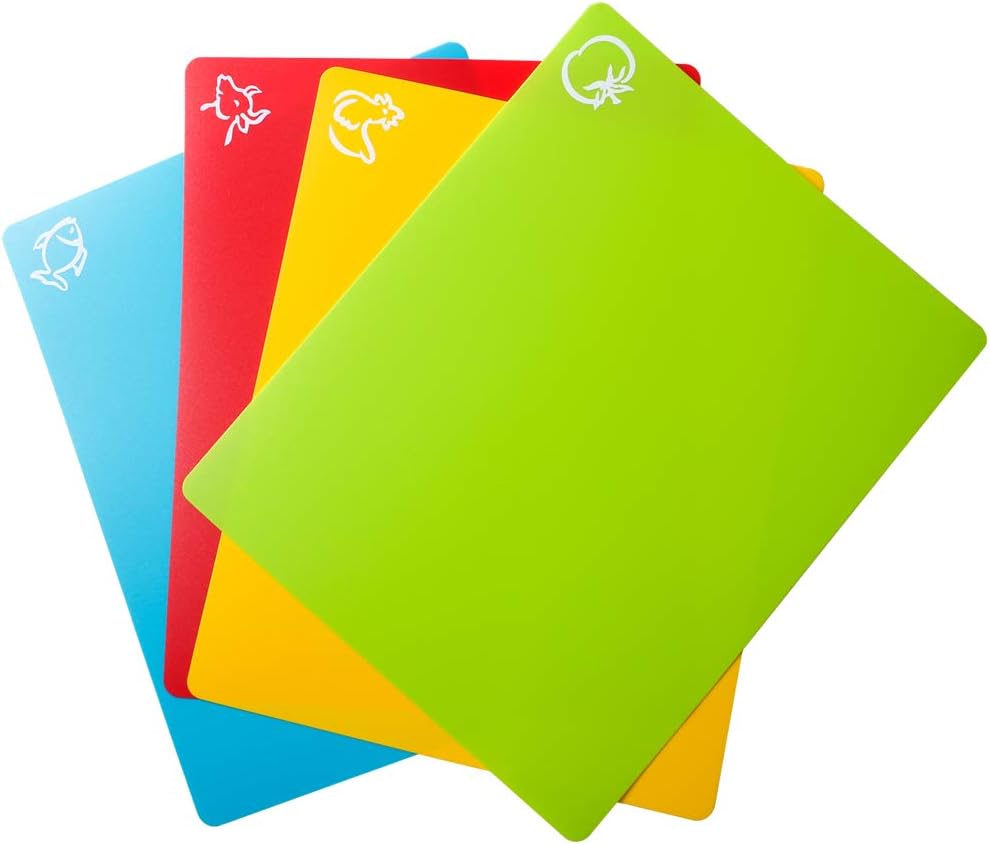 Flexible Plastic Cutting Board Mats, Colored Mats With Food Icons, Gripped Back, Cutting board Set of 4 (1)