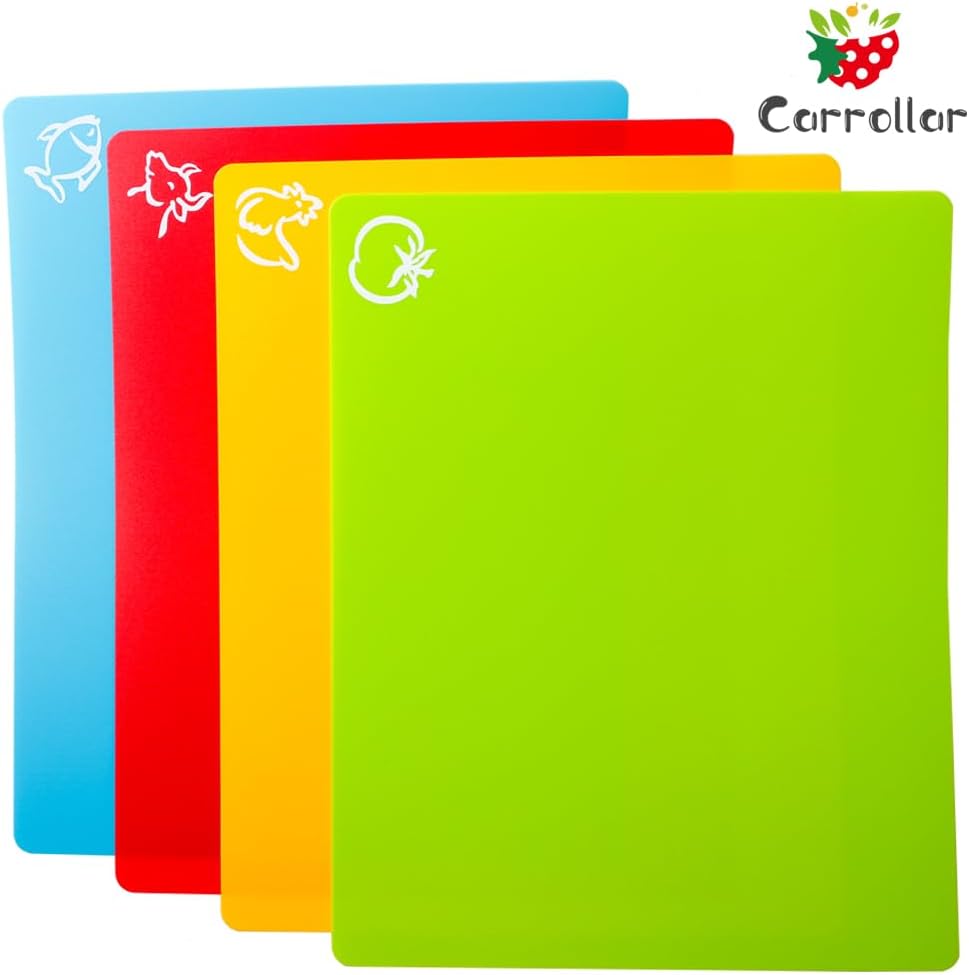 Flexible Plastic Cutting Board Mats, Colored Mats With Food Icons, Gripped Back, Cutting board Set of 4 (1)