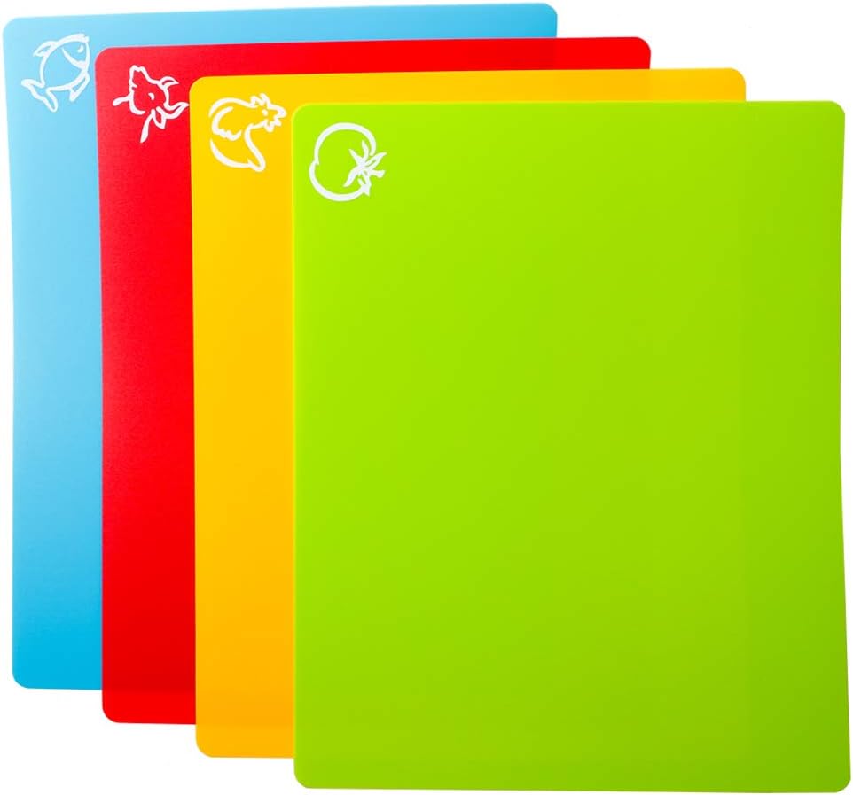Flexible Plastic Cutting Board Mats, Colored Mats With Food Icons, Gripped Back, Cutting board Set of 4 (1)