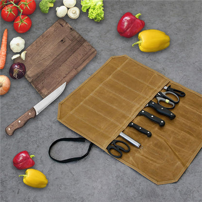 Knife Roll, 7 Slots Waterproof Canvas Chef Knife Bag, Portable Roll up Cutlery Pouch for Camping Picnic Outdoor, Chef Bag