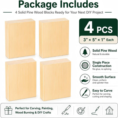 4 Pcs Unfinished Wood Blocks, 3x10x1 Inch Wooden Block, Wood Carving Blocks for Crafting Home Crafts DIY Supplies Carving Crafting