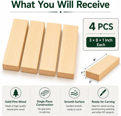4 Pcs Unfinished Wood Blocks, 3x10x1 Inch Wooden Block, Wood Carving Blocks for Crafting Home Crafts DIY Supplies Carving Crafting