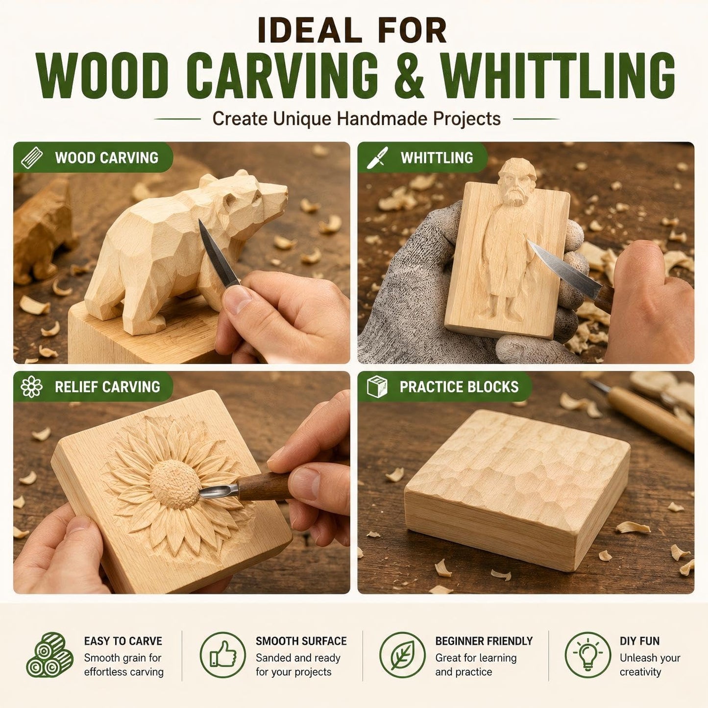 4 Pcs Unfinished Wood Blocks, 3x10x1 Inch Wooden Block, Wood Carving Blocks for Crafting Home Crafts DIY Supplies Carving Crafting
