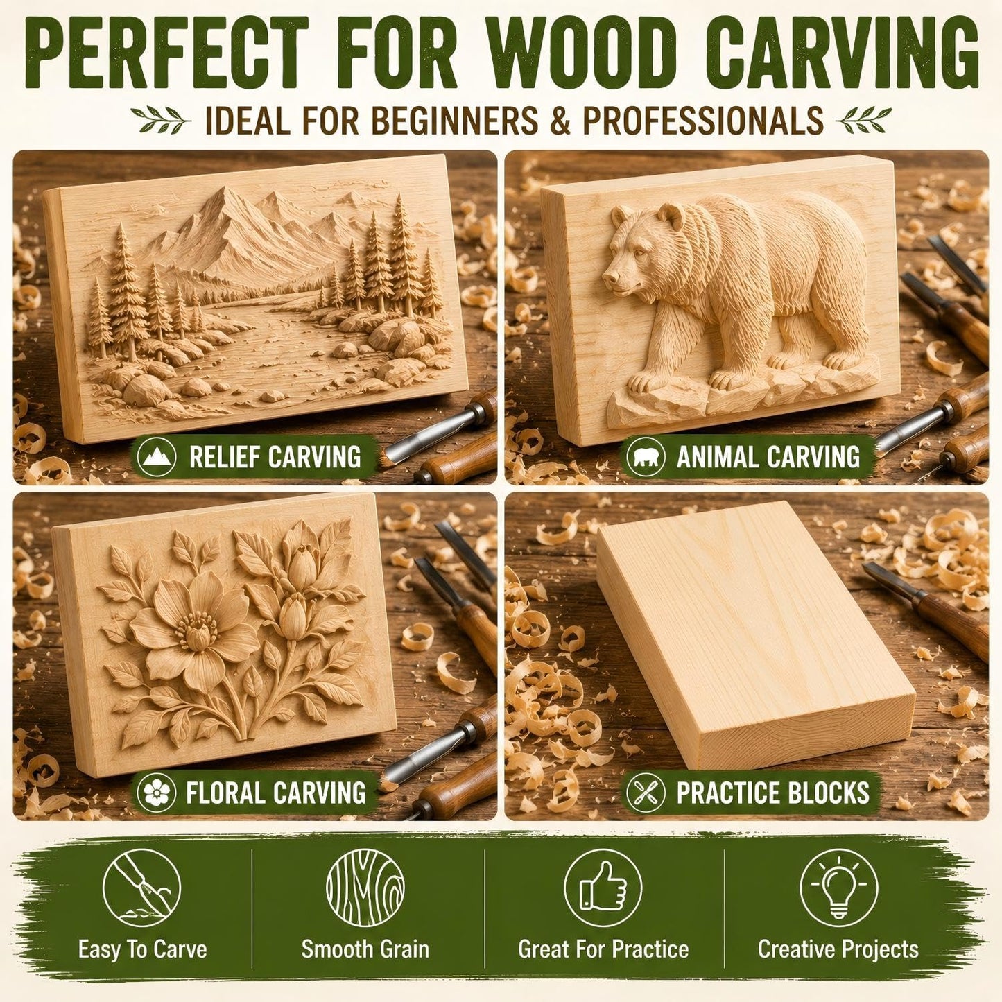4 Pcs Unfinished Wood Blocks, 3x10x1 Inch Wooden Block, Wood Carving Blocks for Crafting Home Crafts DIY Supplies Carving Crafting