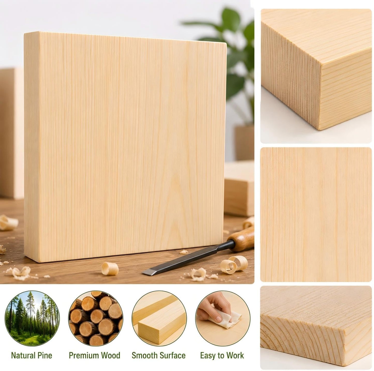 4 Pcs Unfinished Wood Blocks, 3x10x1 Inch Wooden Block, Wood Carving Blocks for Crafting Home Crafts DIY Supplies Carving Crafting