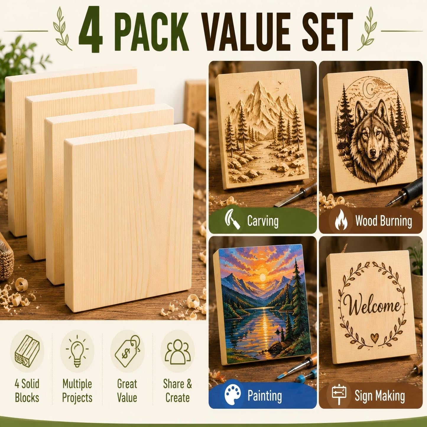 4 Pcs Unfinished Wood Blocks, 3x10x1 Inch Wooden Block, Wood Carving Blocks for Crafting Home Crafts DIY Supplies Carving Crafting