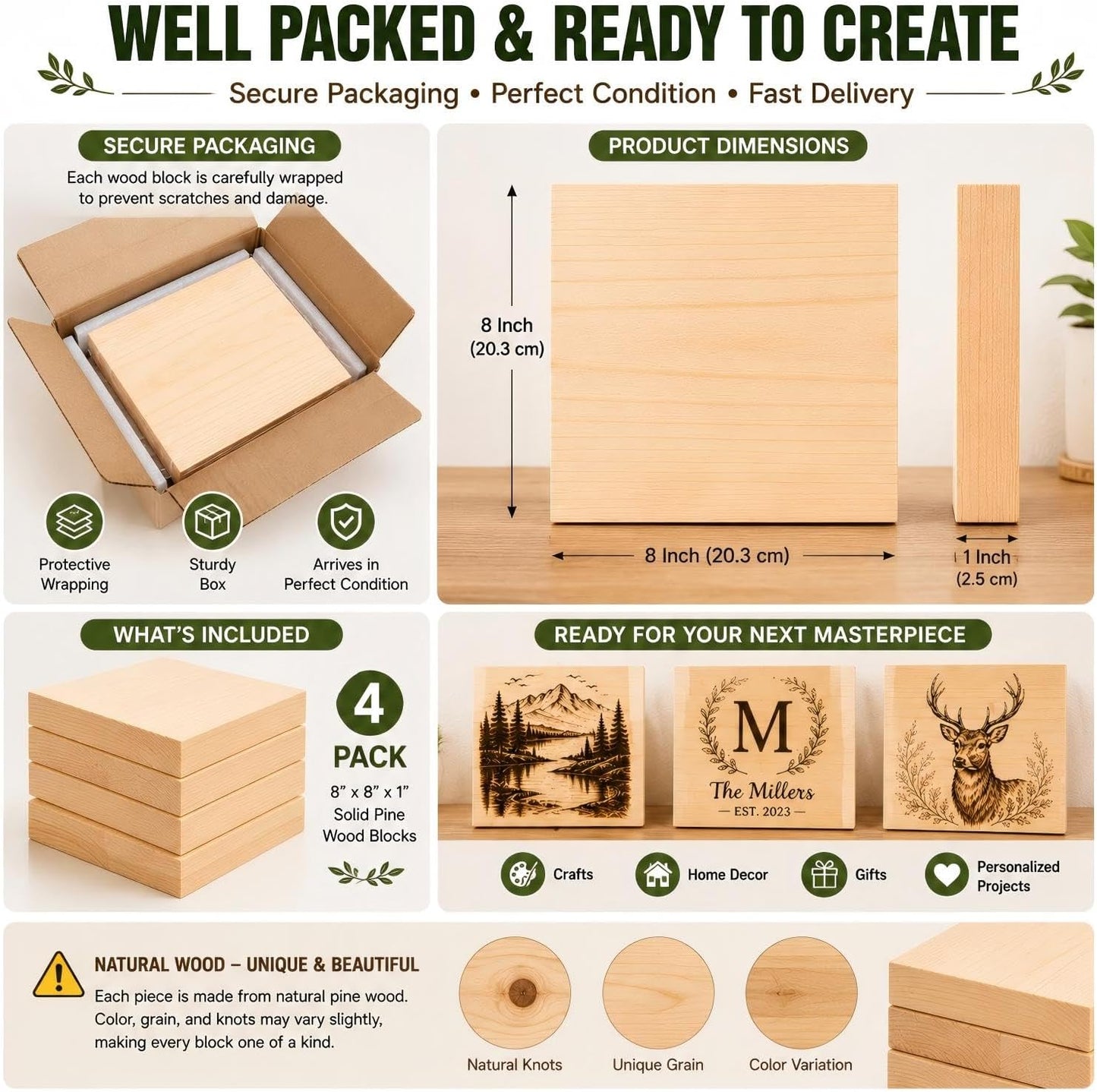 4 Pcs Unfinished Wood Blocks, 3x10x1 Inch Wooden Block, Wood Carving Blocks for Crafting Home Crafts DIY Supplies Carving Crafting