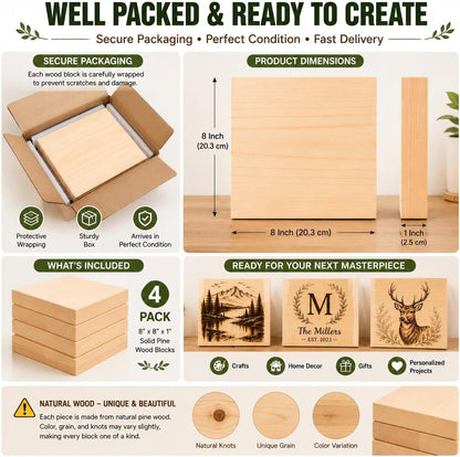 4 Pcs Unfinished Wood Blocks, 3x10x1 Inch Wooden Block, Wood Carving Blocks for Crafting Home Crafts DIY Supplies Carving Crafting