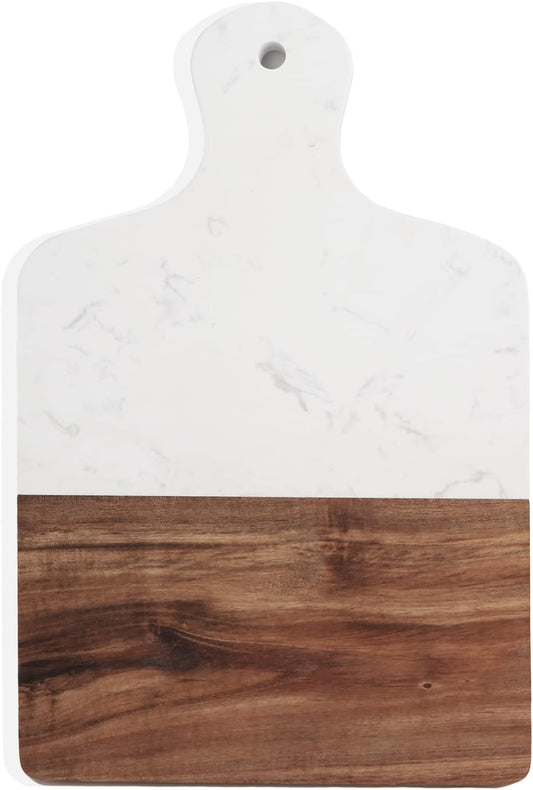 Cutting Board with Marble and Natural Wood,Serving Board for Steak Fruits with Handle,Chopping Board for Bread as Serving Trays (White)