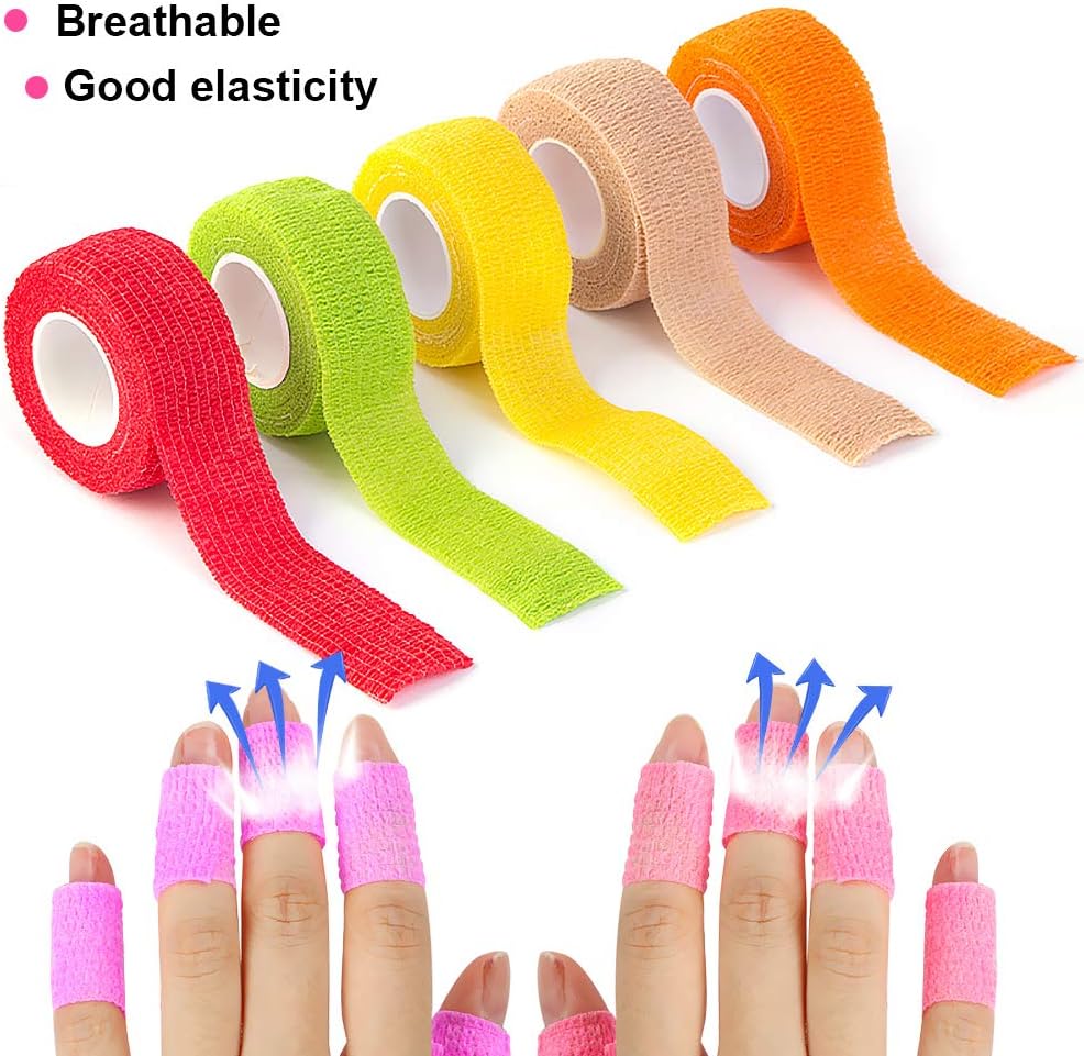12 Colors Non-wonven Self Adhesive Bandage Wrap for Finger Guard Nail Protector, 2.5cm x 4.5m / 1" x 5yd Waterproof Cohesive Elastic Tape Sports Fixing Band Stretch Wrap