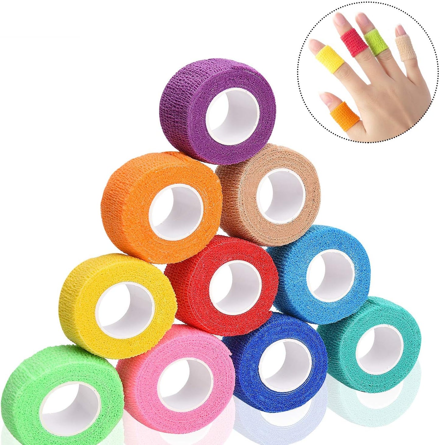 12 Colors Non-wonven Self Adhesive Bandage Wrap for Finger Guard Nail Protector, 2.5cm x 4.5m / 1" x 5yd Waterproof Cohesive Elastic Tape Sports Fixing Band Stretch Wrap