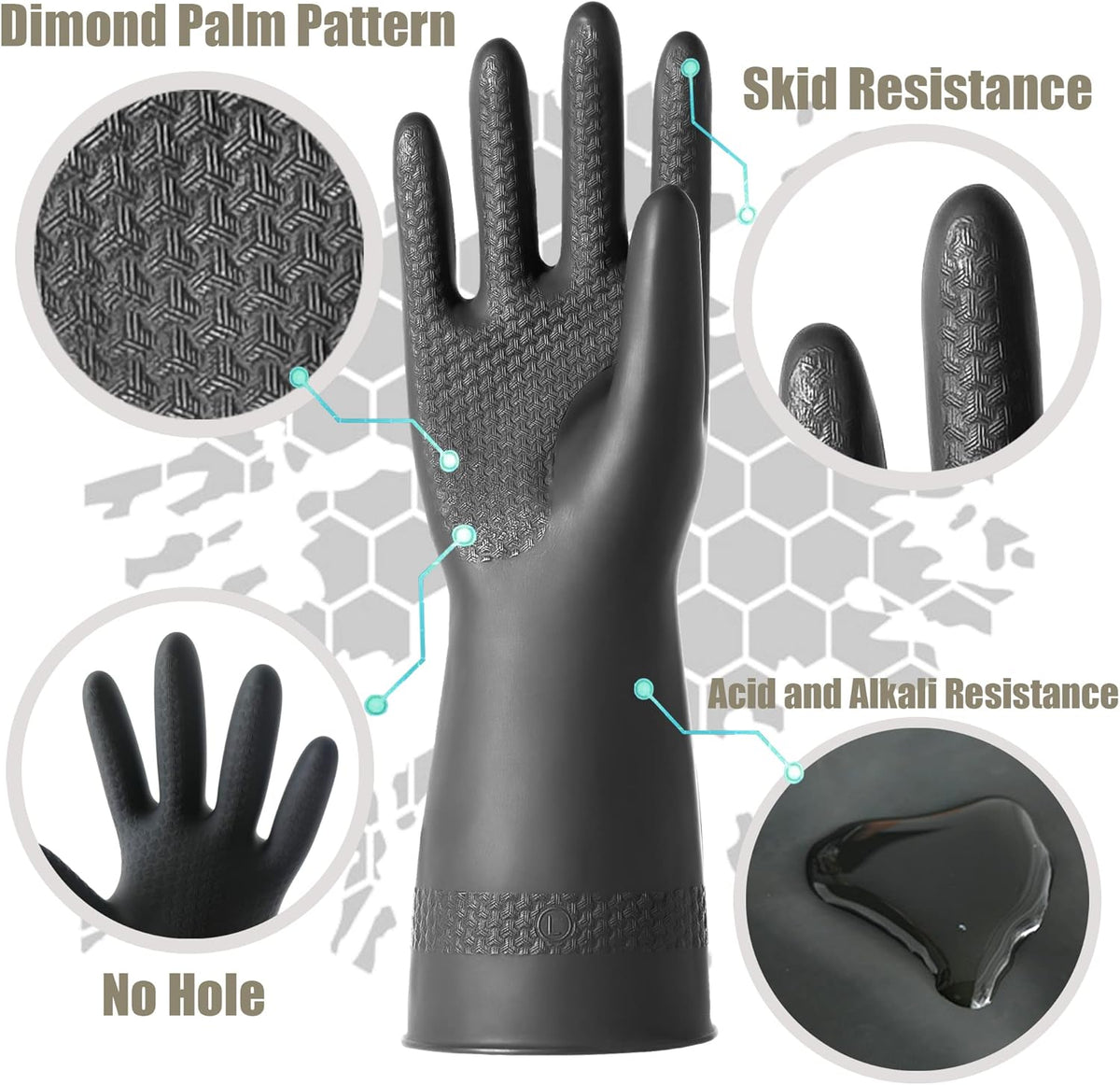 Chemical Resistant Latex Gloves, Cleaning Protective Safety Work | Heavy Duty Rubber Gloves, S-M-L-XL Size, Black 1 Pair