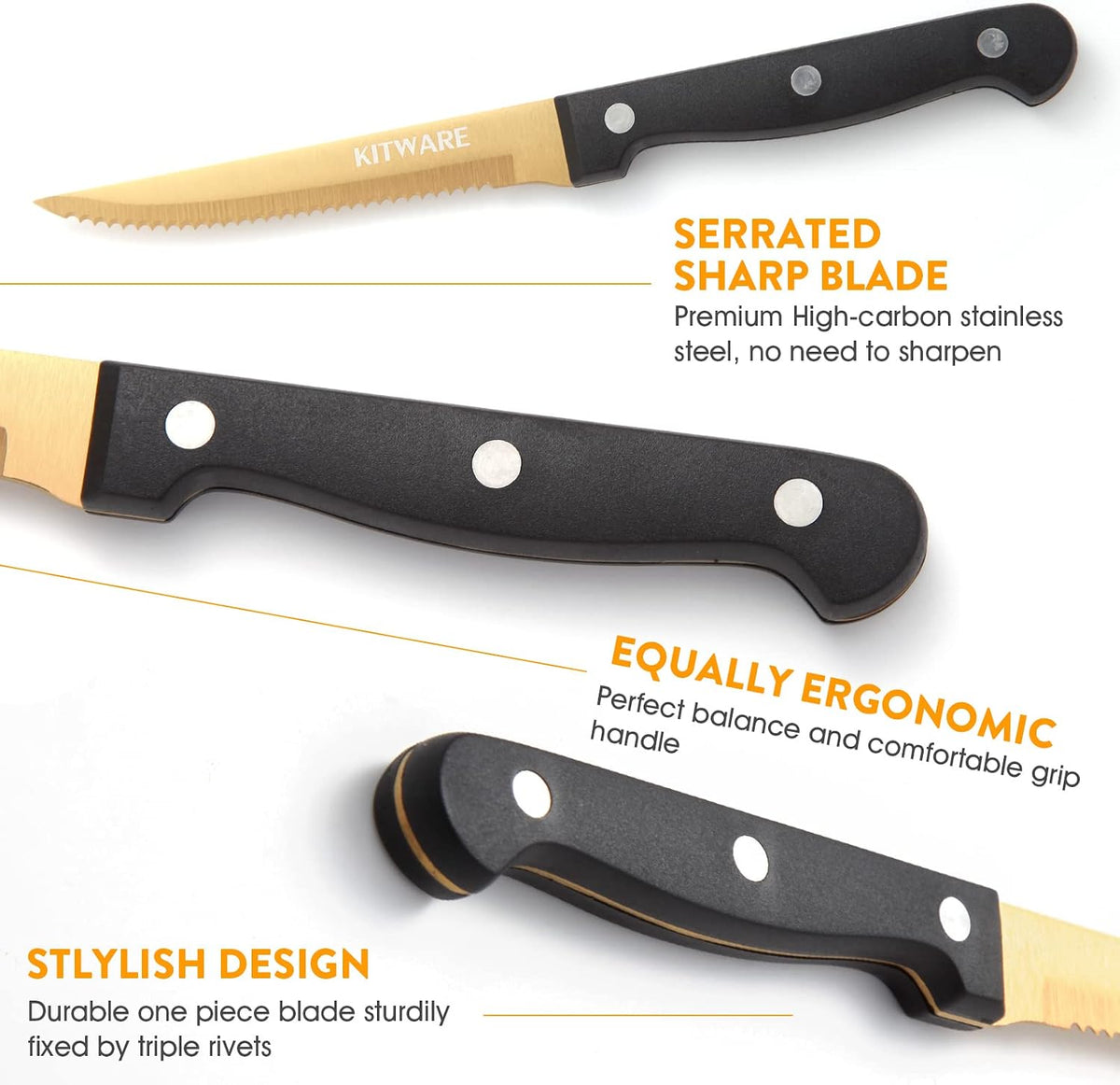 Gold Steak Knives Set of with Gift Box, 4.5 inch Stainless Steel Steak sets, Serrated Edge Metal Knife Sets for Dinner Table, Knife for Barbeque, Picnic, Camping, Hiking