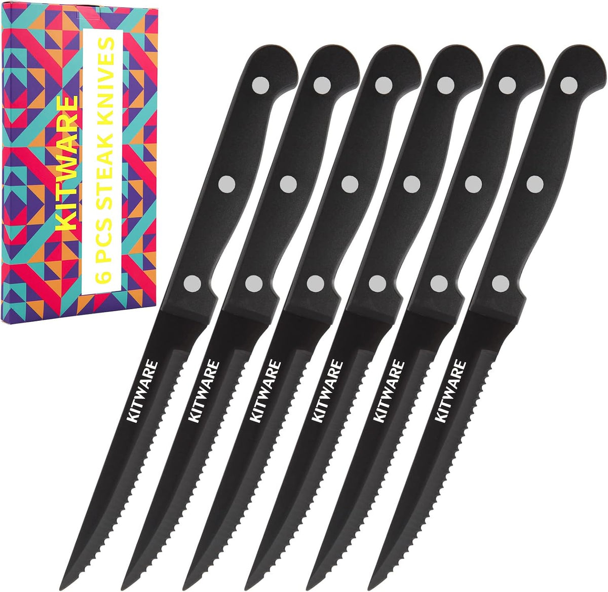 Gold Steak Knives Set of with Gift Box, 4.5 inch Stainless Steel Steak sets, Serrated Edge Metal Knife Sets for Dinner Table, Knife for Barbeque, Picnic, Camping, Hiking